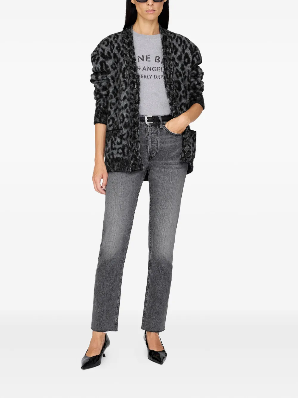 Anine Bing Banks Leopard-print Button Cardigan In Gray