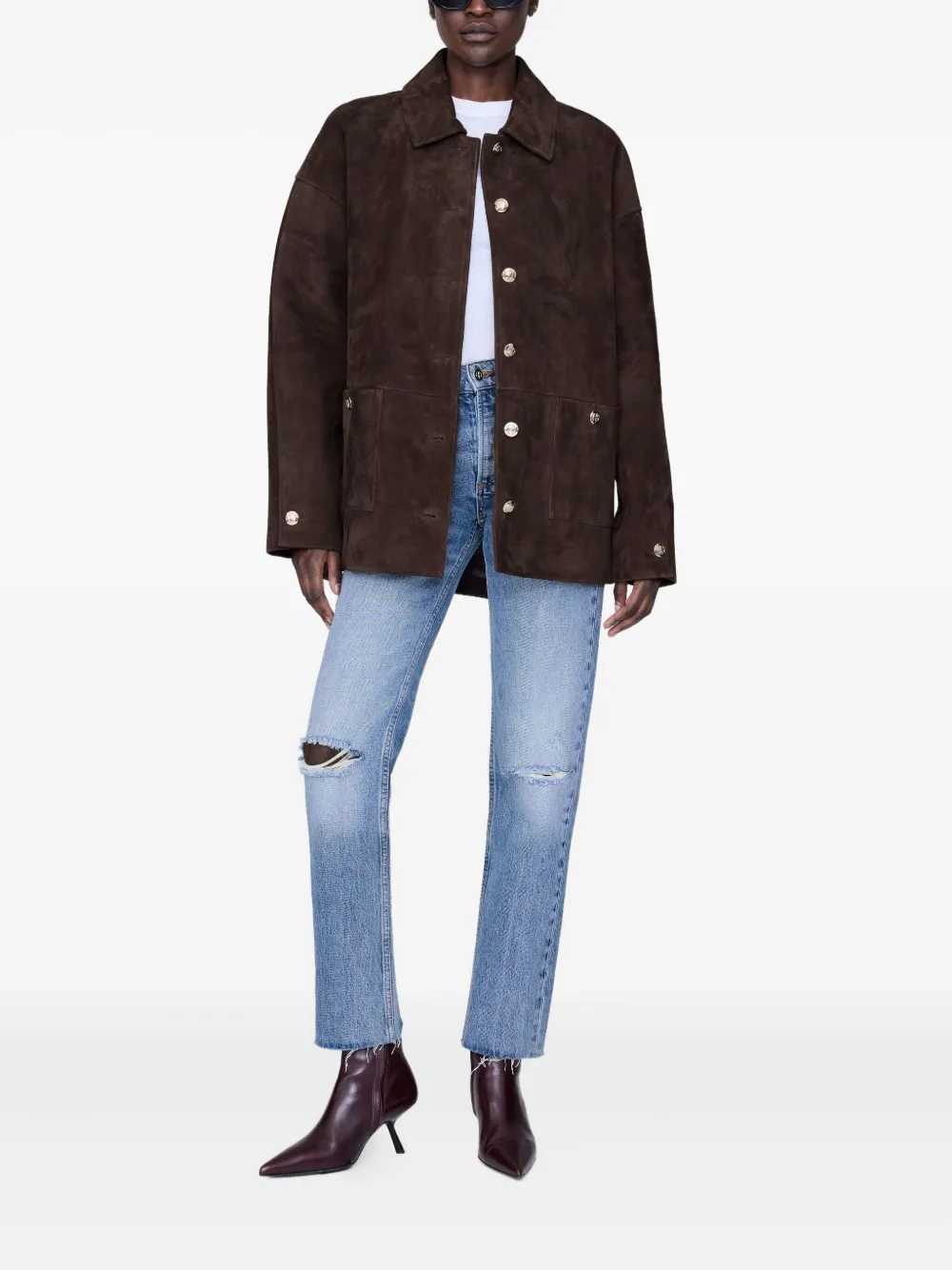Anine Bing Gold-button Suede Jacket In Brown