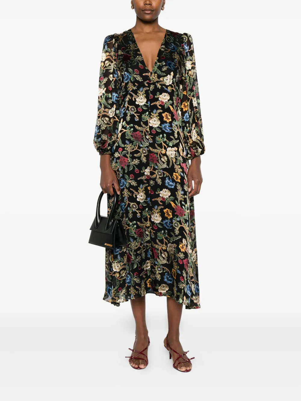Alice + olivia floral-print puff-sleeves asymmetric day dress - Zwart