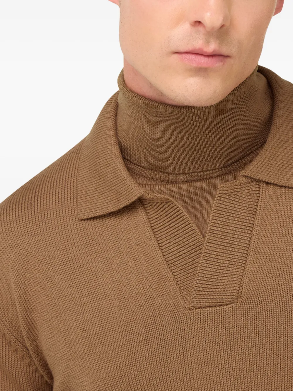 Boggi Milano Ens Collared Long-sleeve Merino-wool Polo Hazelnut Xxl In Brown