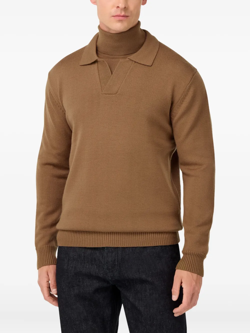 Boggi Milano Ens Collared Long-sleeve Merino-wool Polo Hazelnut Xxl In Brown