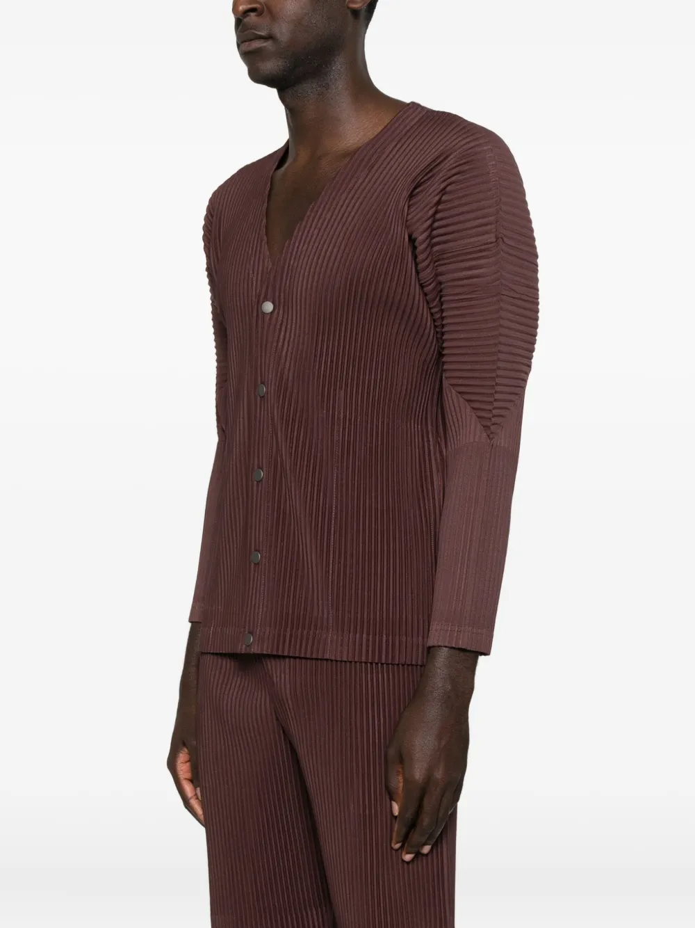 Issey Miyake Pleated Button Cardigan In Brown