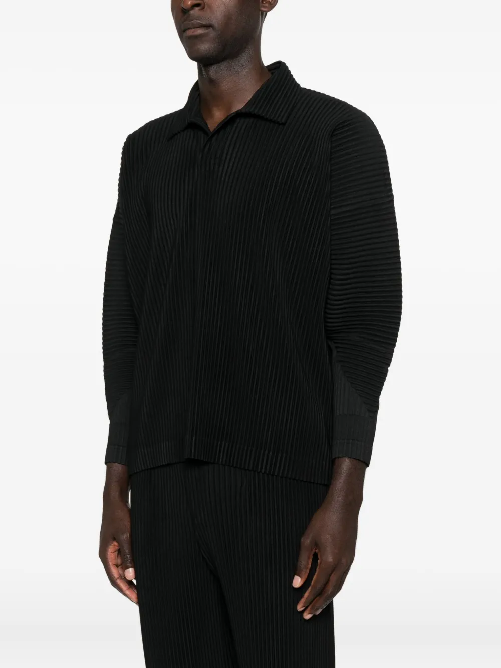 Issey Miyake Pleated Texture Long-sleeve Polo With Structured Neckline In Black