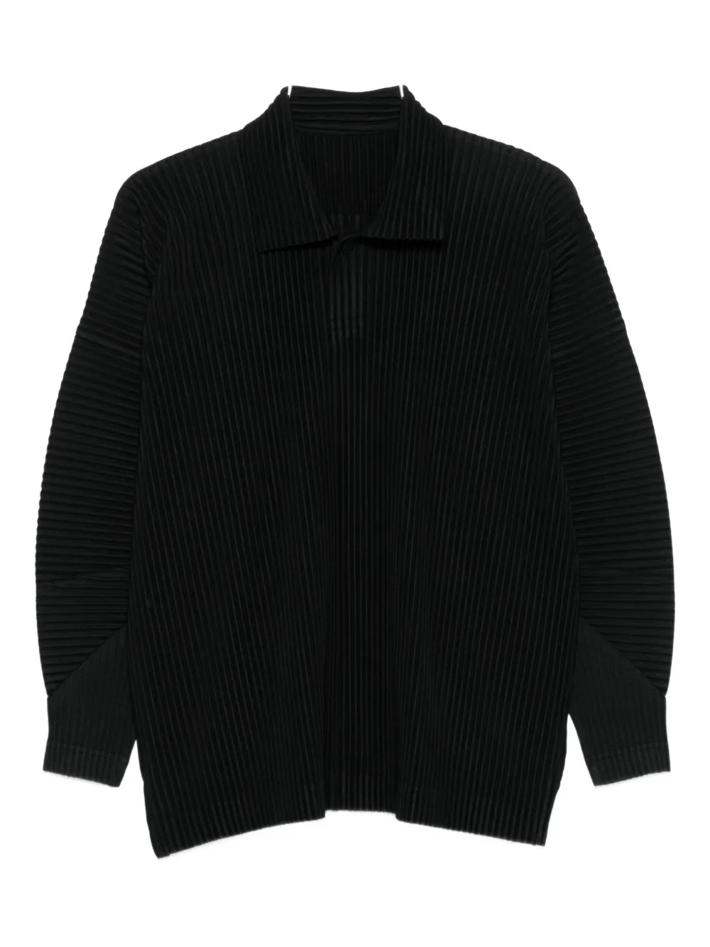Issey Miyake Pleated Texture Long-sleeve Polo With Structured Neckline In Black