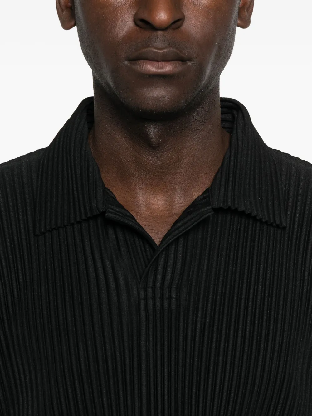 Issey Miyake Pleated Texture Long-sleeve Polo With Structured Neckline In Black