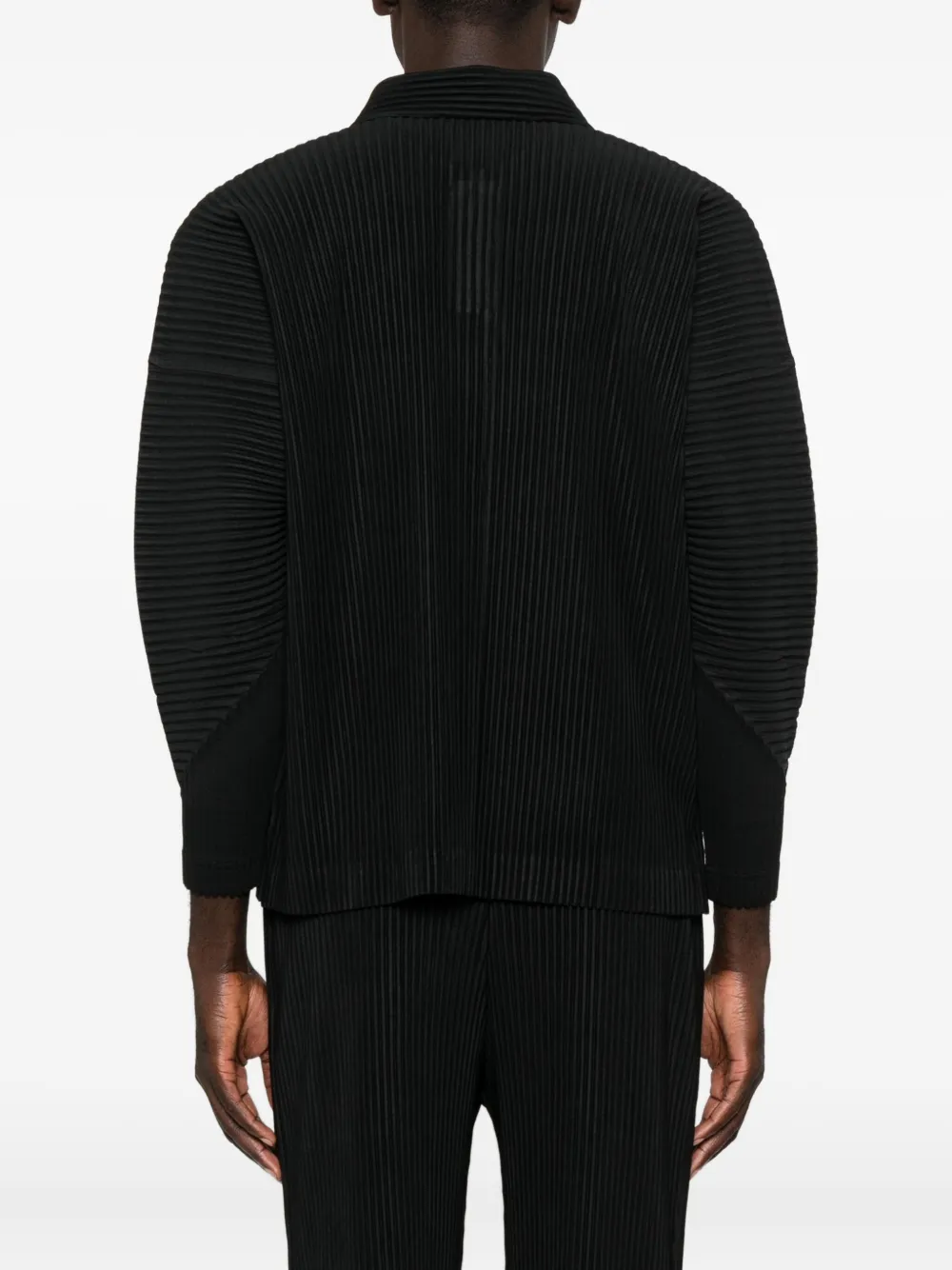 Issey Miyake Pleated Texture Long-sleeve Polo With Structured Neckline In Black