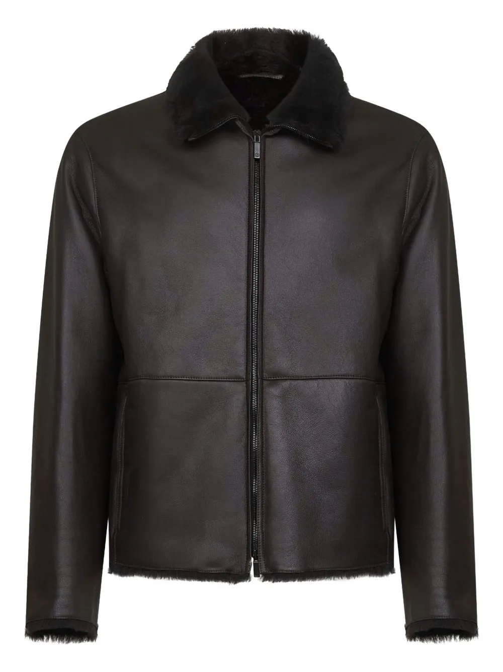 Giorgio Armani Fur-collar Leather Jacket In Brown