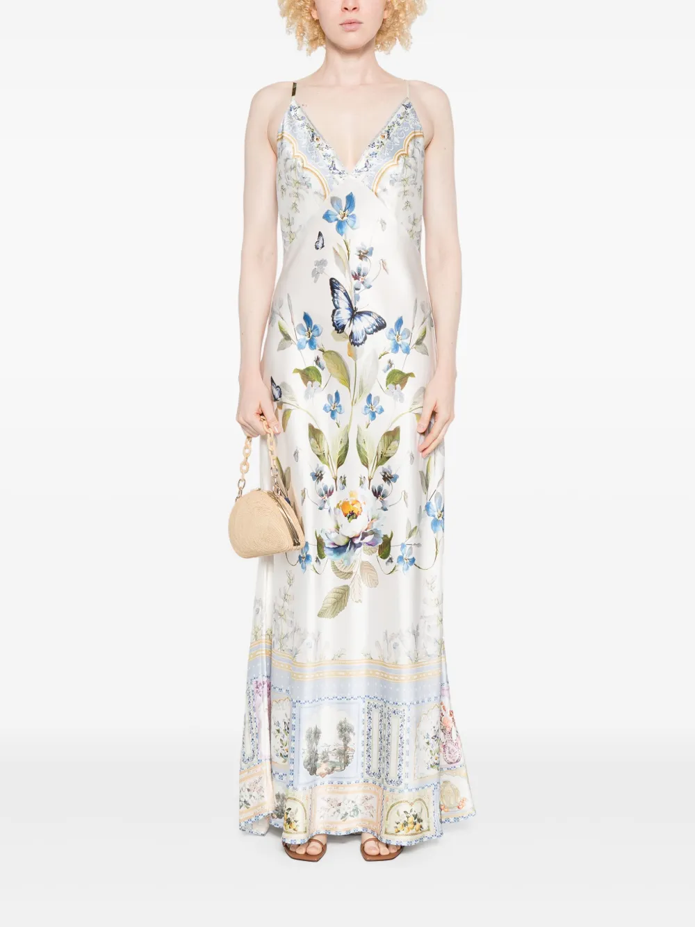 Camilla Zijden jurk met bloemen- en vlinderprint - Wit