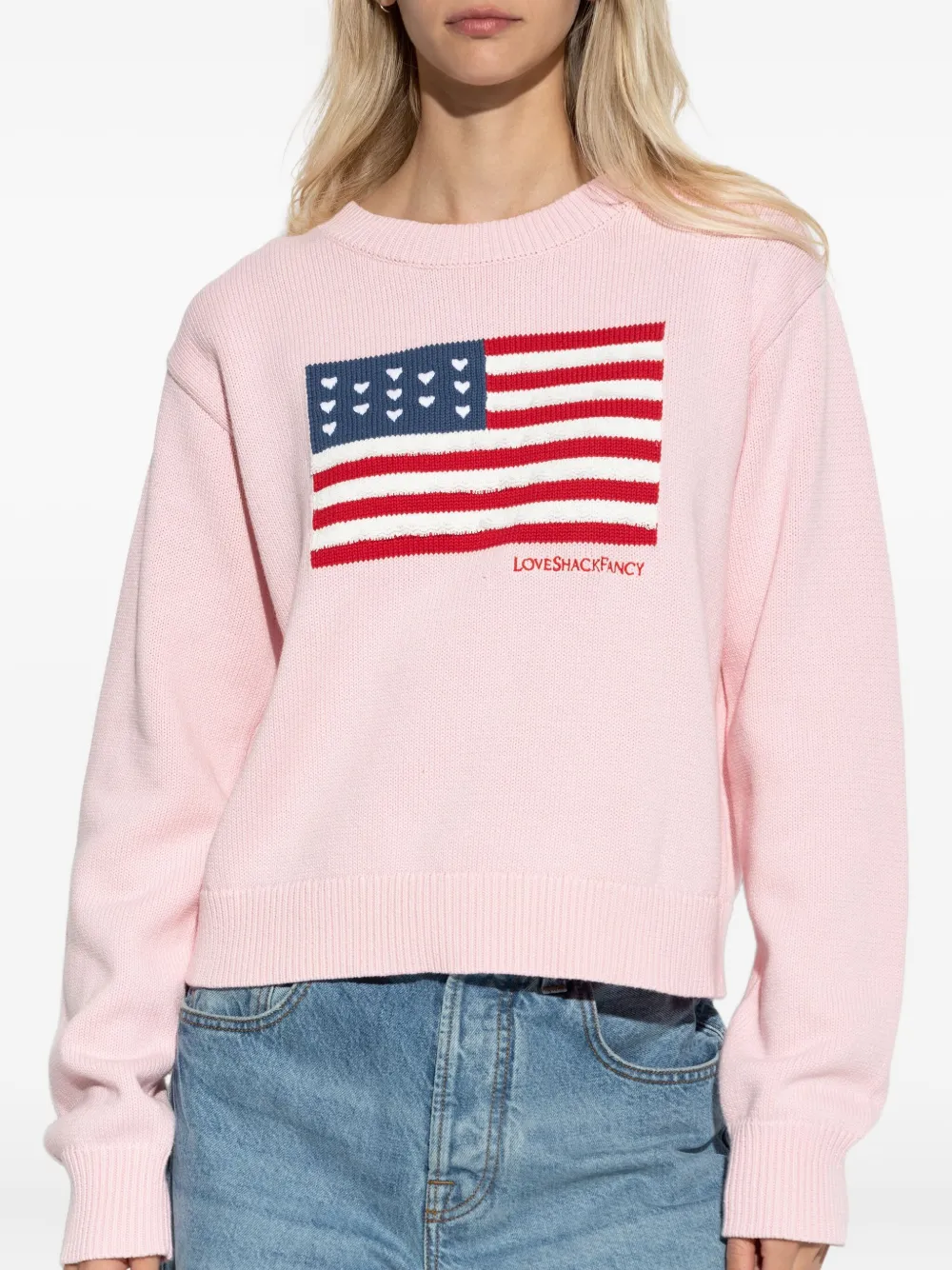 Loveshackfancy Ty Intarsia Flag Cotton Crewneck Sweater In Pink