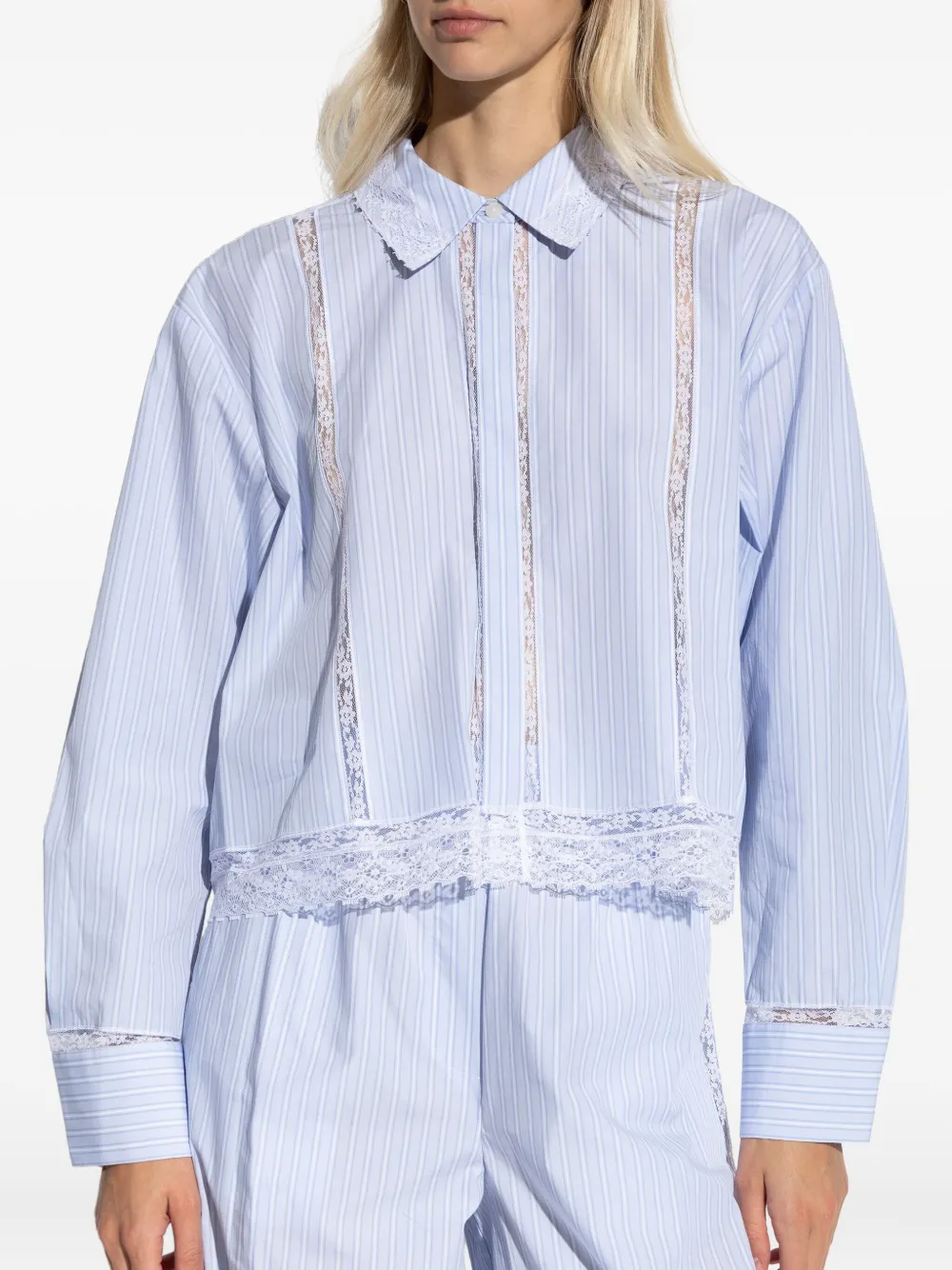 LoveShackFancy Delano gestreepte blouse met kanten afwerking Blauw