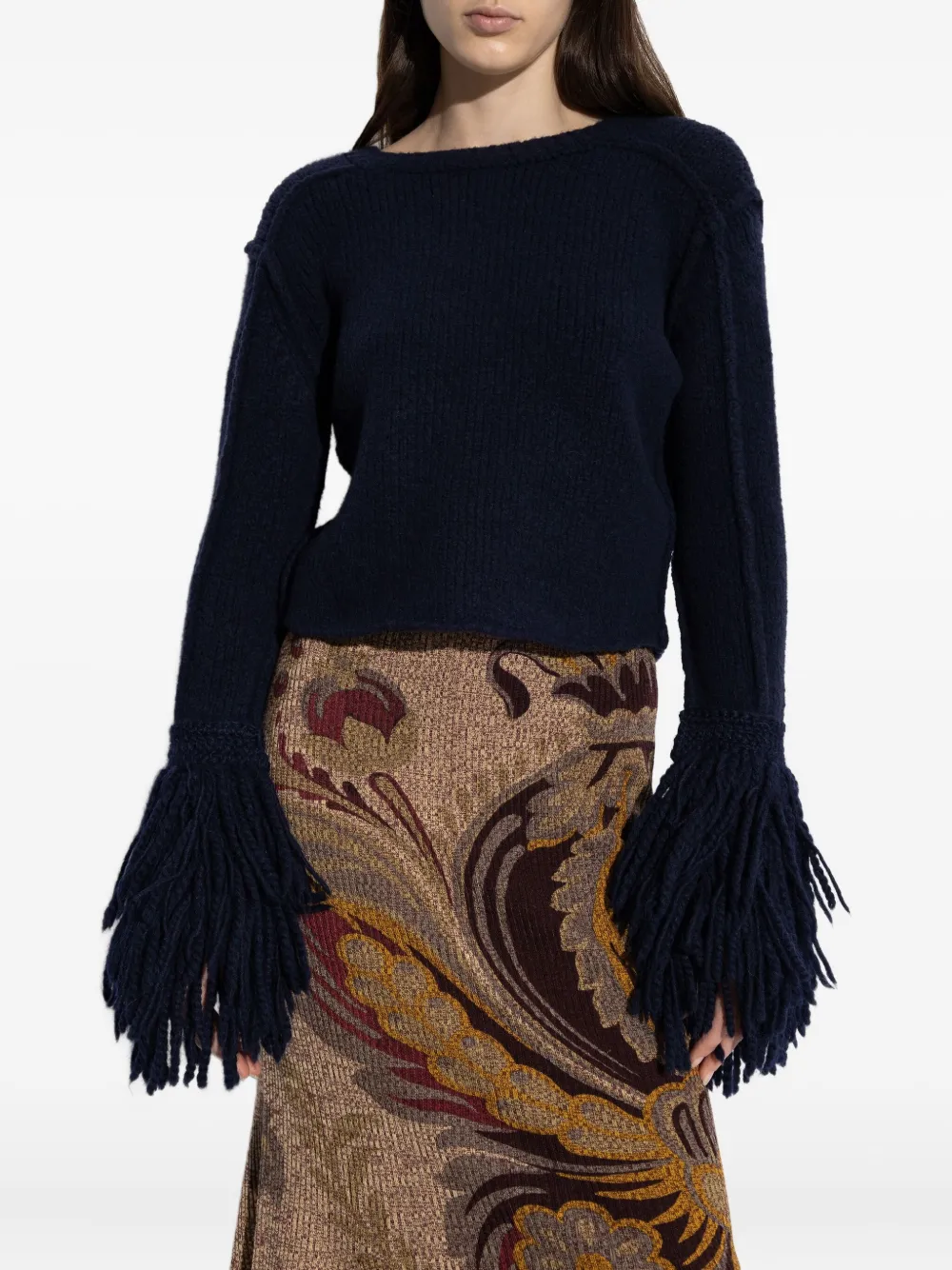 Etro Sweater With Fringes On The Sleeves In Blue