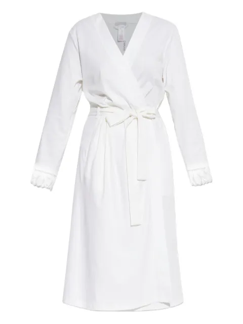 Hanro lace-trimmed wrap midi dress