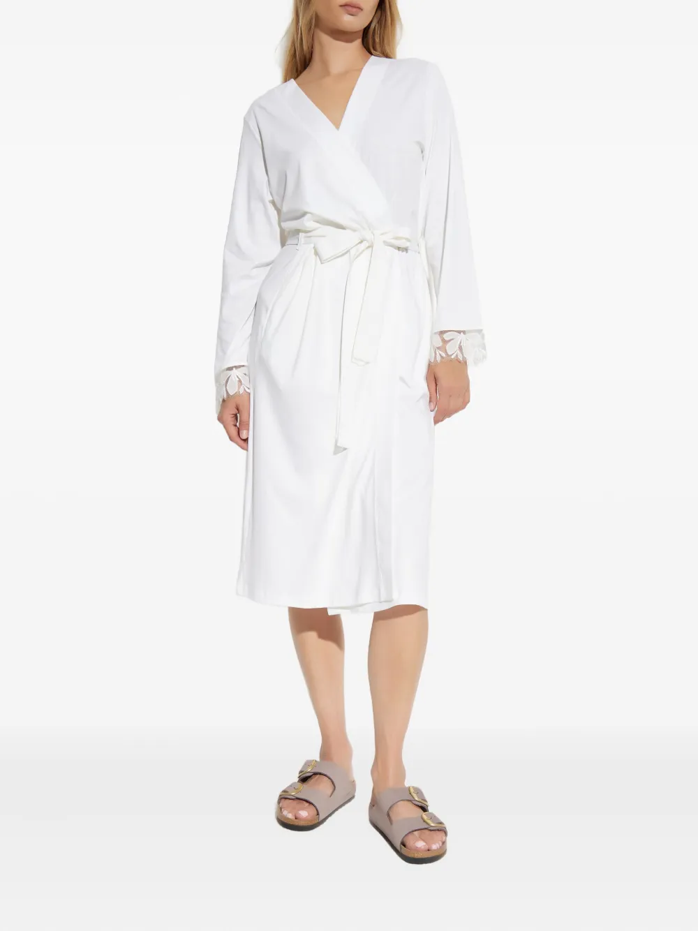 Hanro lace-trimmed wrap midi dress - Wit