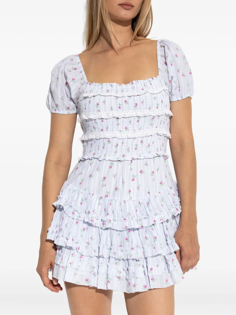 LoveShackFancy Gesmockte jurk met bloemenprint Blauw