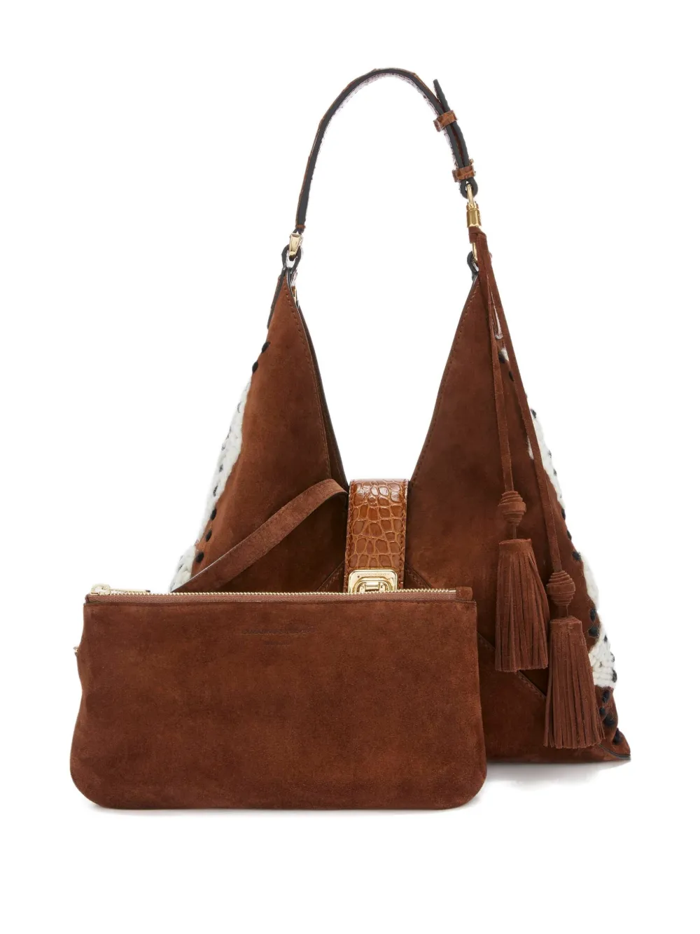 Ermanno Scervino Argyle-embroidered Suede Tote Bag In Brown