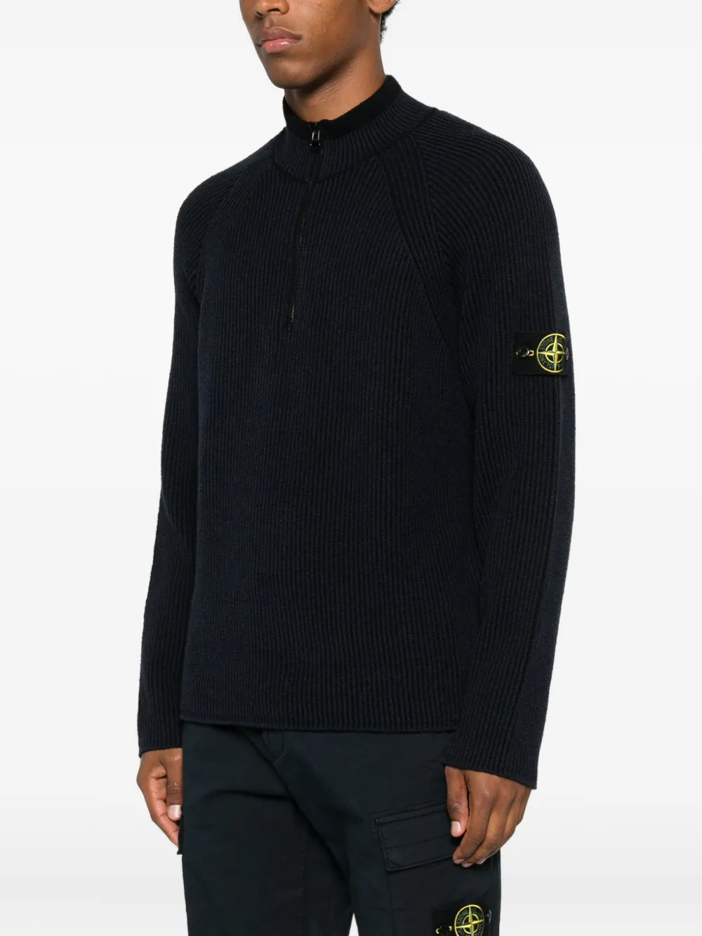 Stone Island Ribbed Zip-neck Sweater In Blue