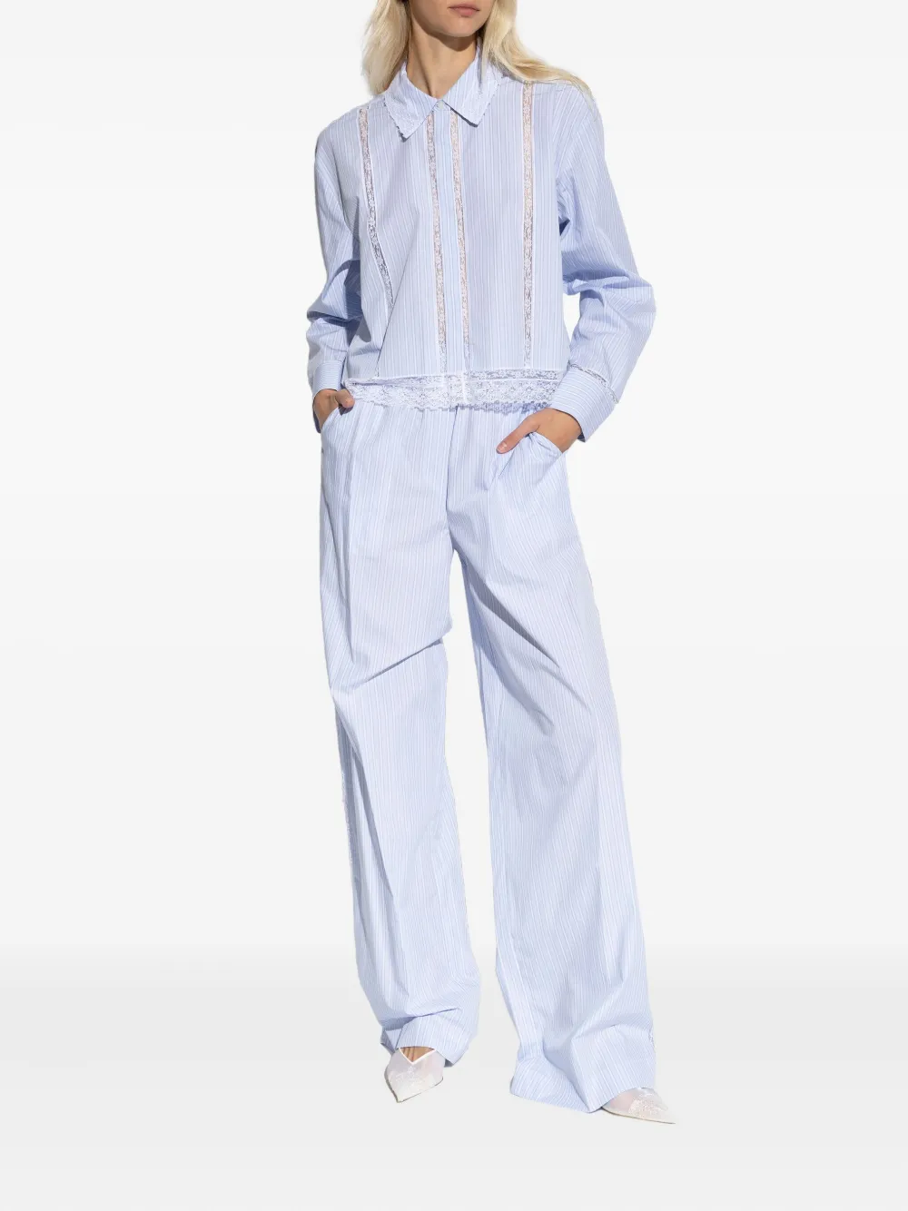 LoveShackFancy Gestreepte broek met kanten afwerking - Blauw