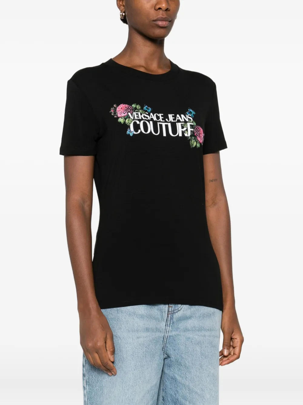 Versace Jeans Couture Floral-embellishment T-shirt In Black