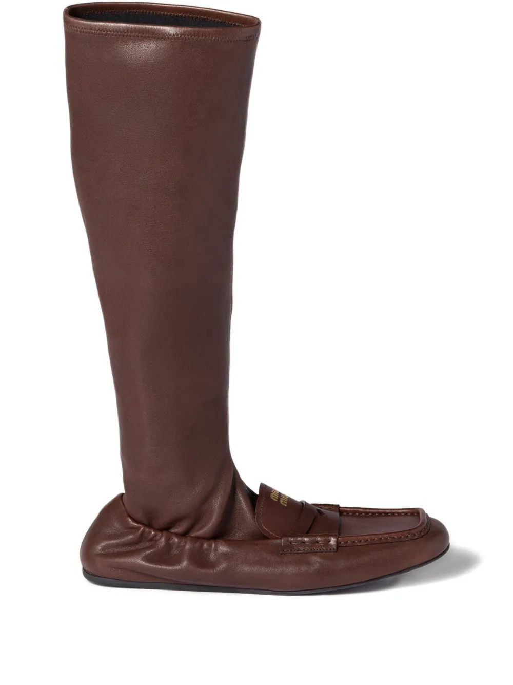 Miu Miu Leather Loafer Boots In Brown