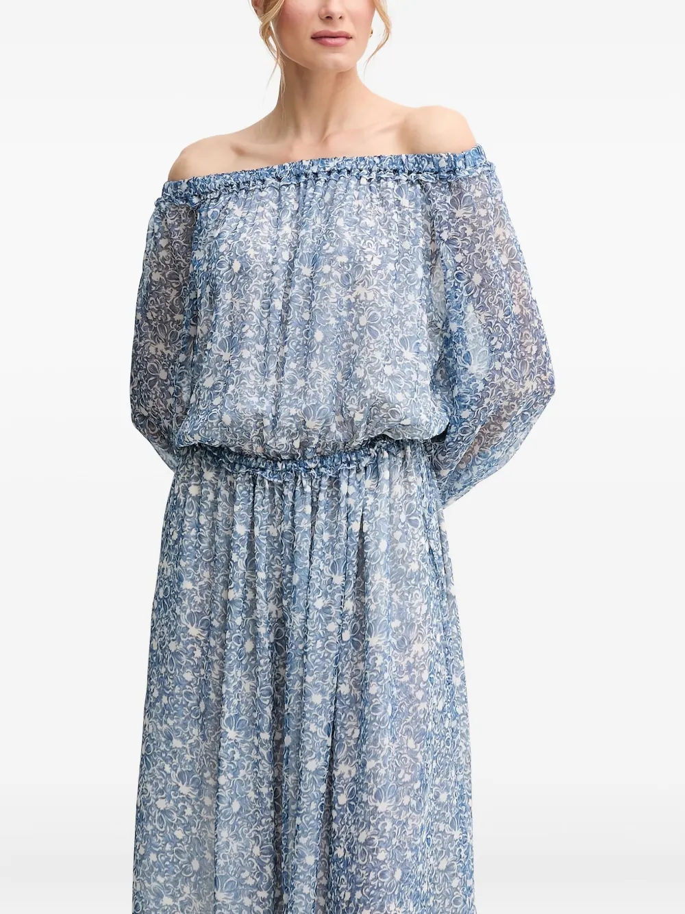 Weekend Max Mara Floral Print Off-shoulder Maxi Dress In Blue