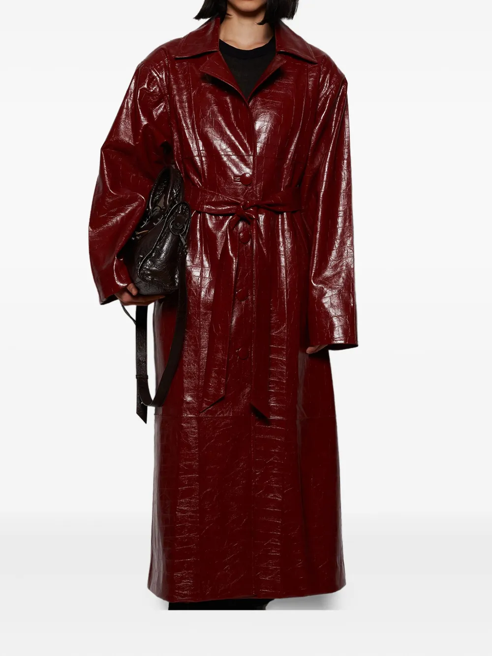 Dima Ayad Belted Leather Coat In Red