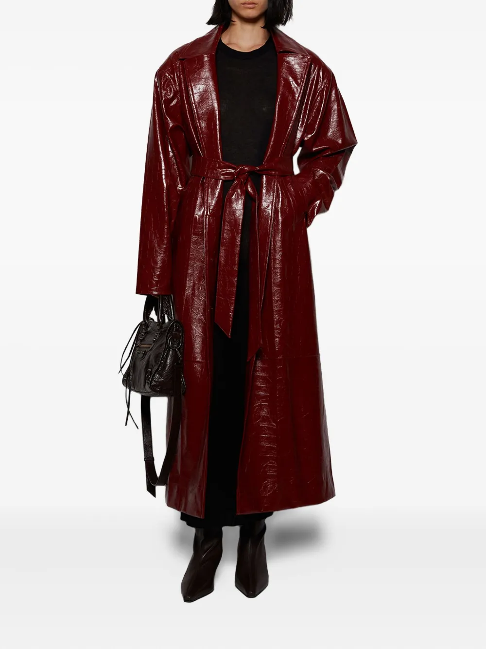 Dima Ayad Belted Leather Coat In Red