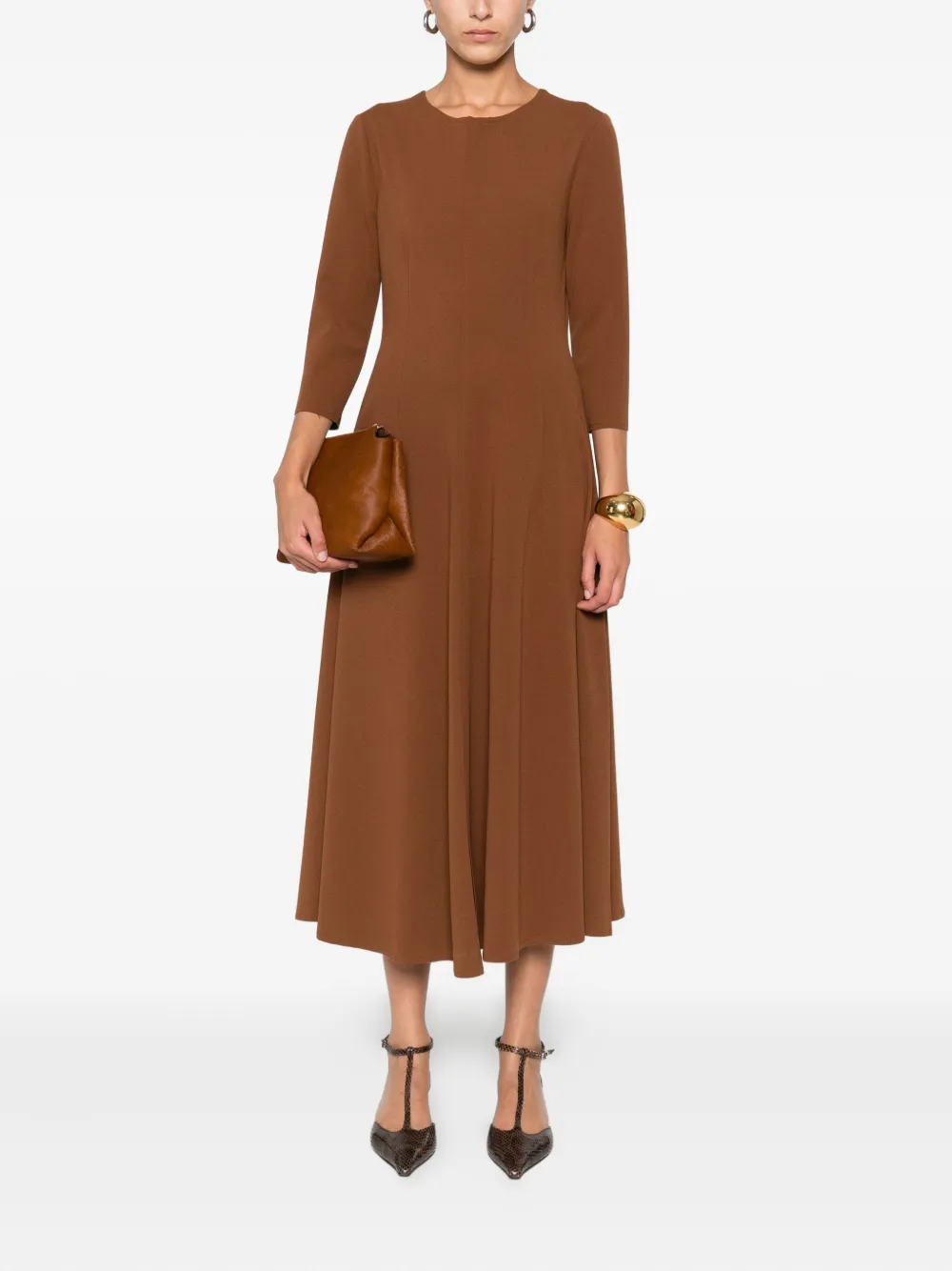 Blanca Vita Asia Three-quarter Sleeve Flared Dress In Brown