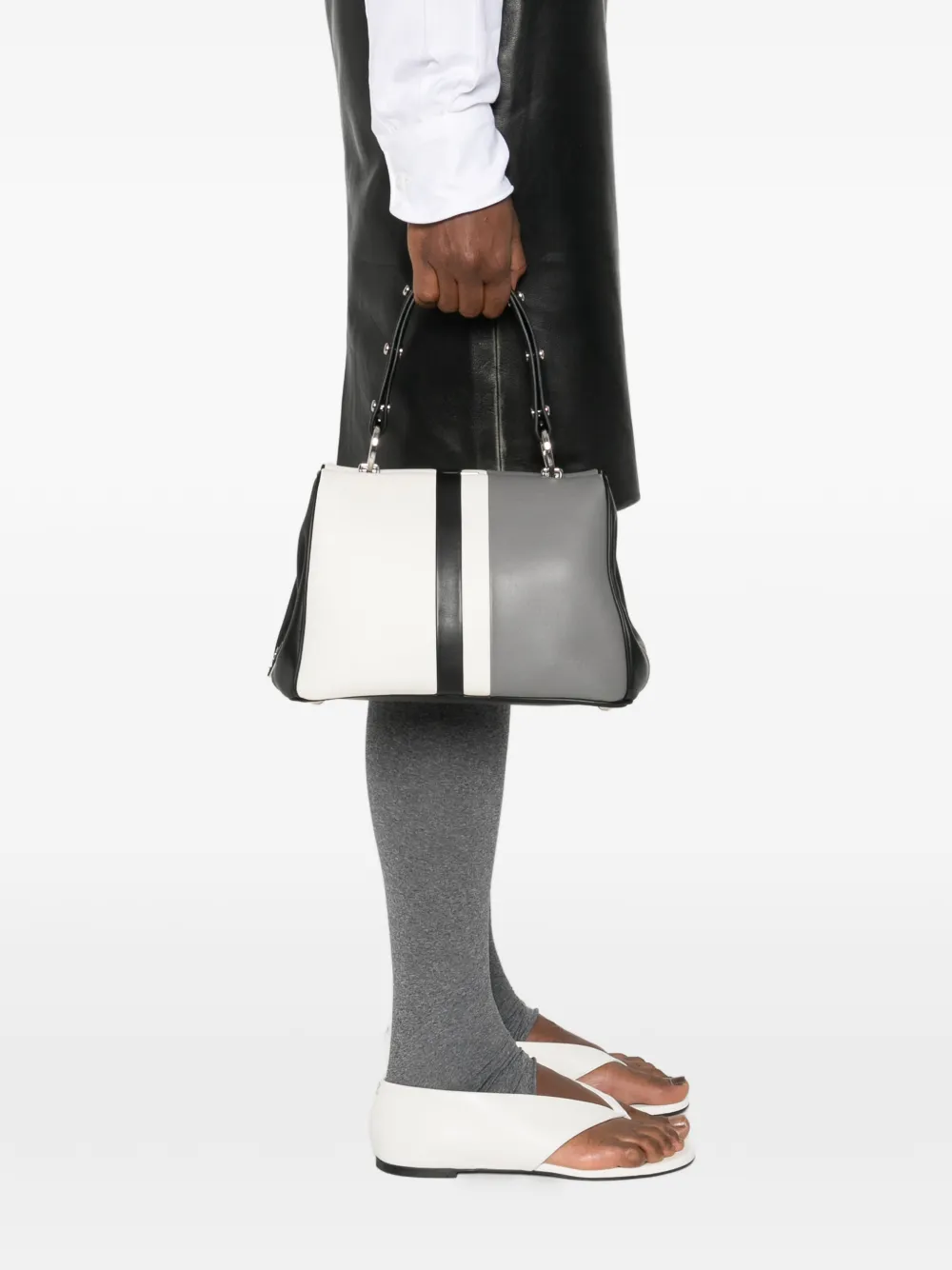 Prada striped-detail studded-embellishment tote bag - Grijs