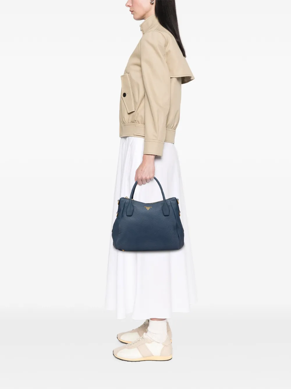 Pre-owned Prada 2013-2025 Vitello Daino Sacca 2 Manici Convertible Tote Satchel In Blue