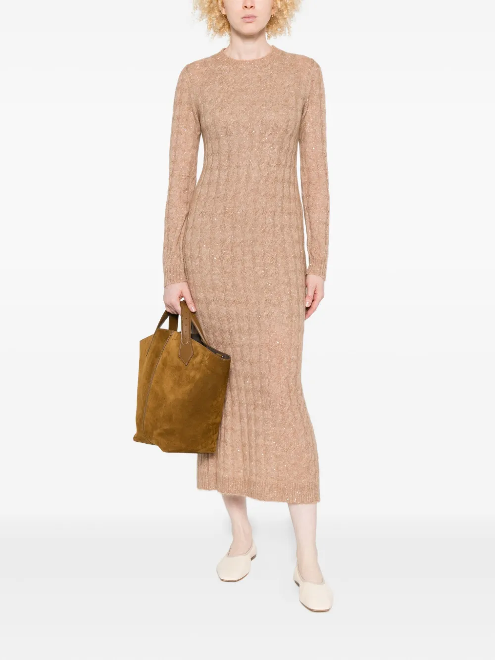 Brunello Cucinelli Kabelgebreide jurk verfraaid met pailletten - Beige