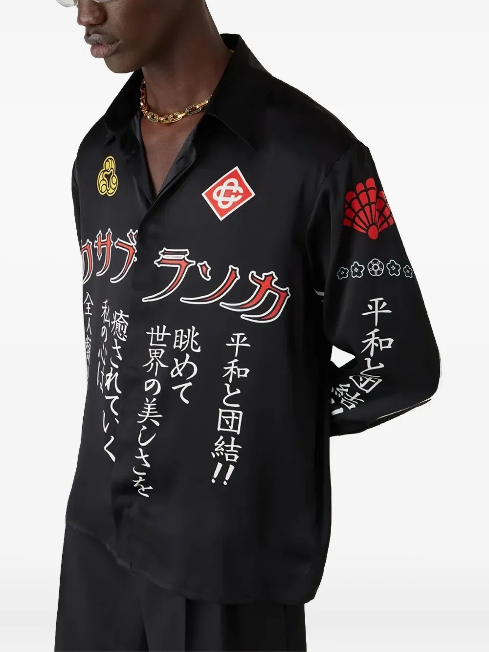 Casablanca emblem silk long-sleeve shirt - ブラック Casablanca emblem silk long-sleeve shirt - ブラック