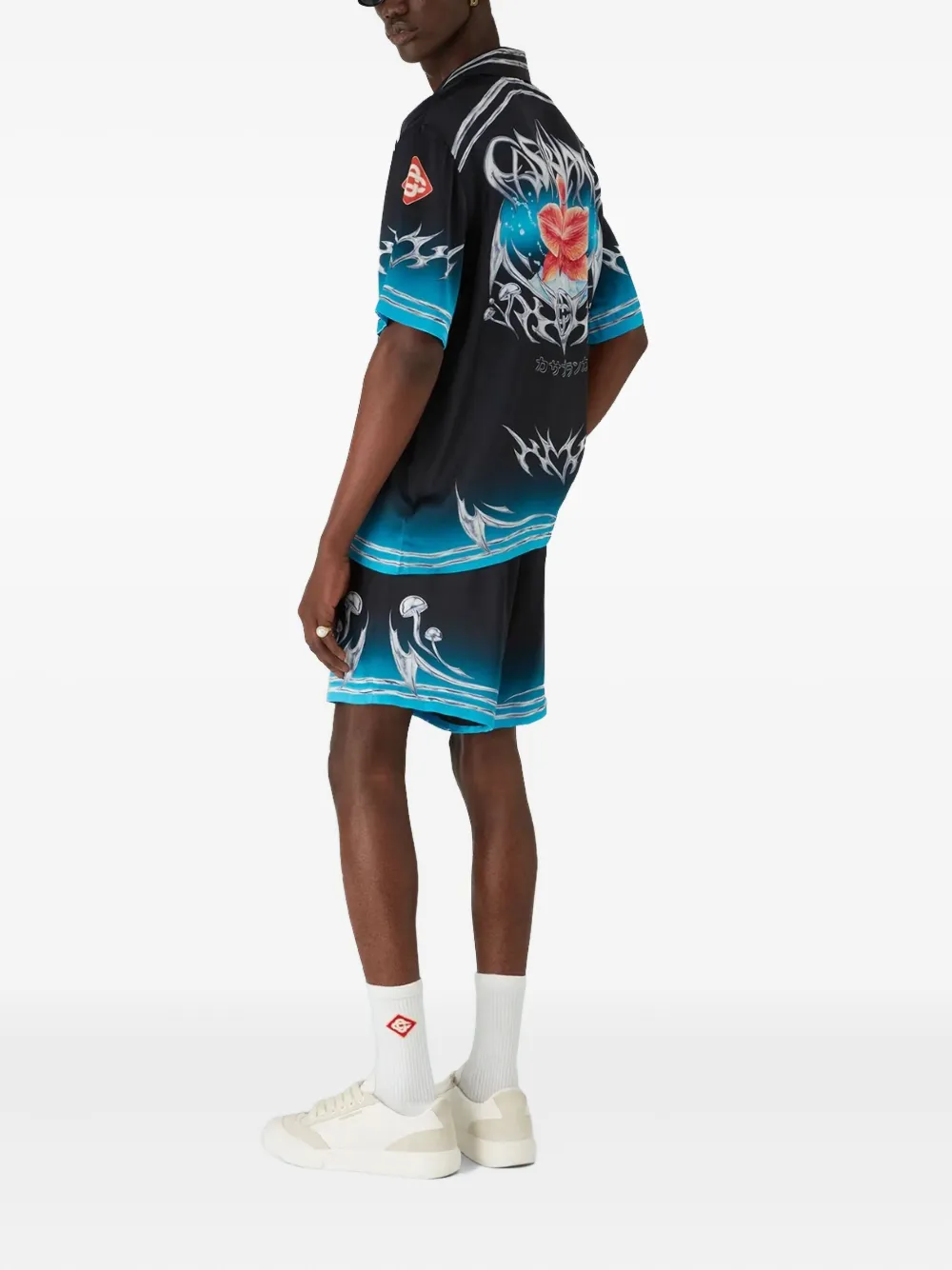 Casablanca Blades Orchid-print Cuban-collar Shirt In Black