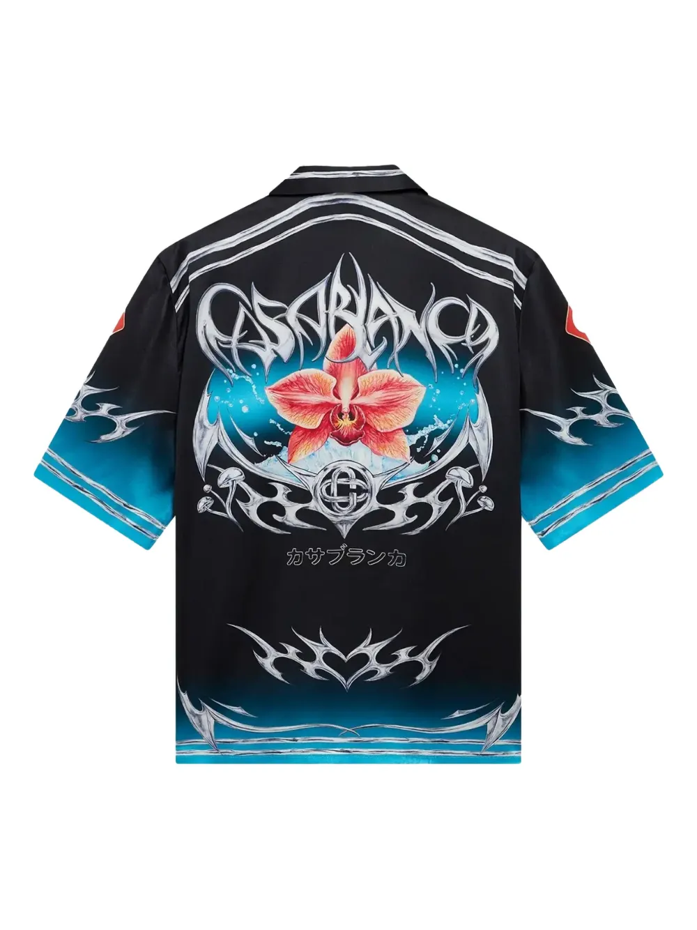 Casablanca Blades Orchid-print Cuban-collar Shirt In Black