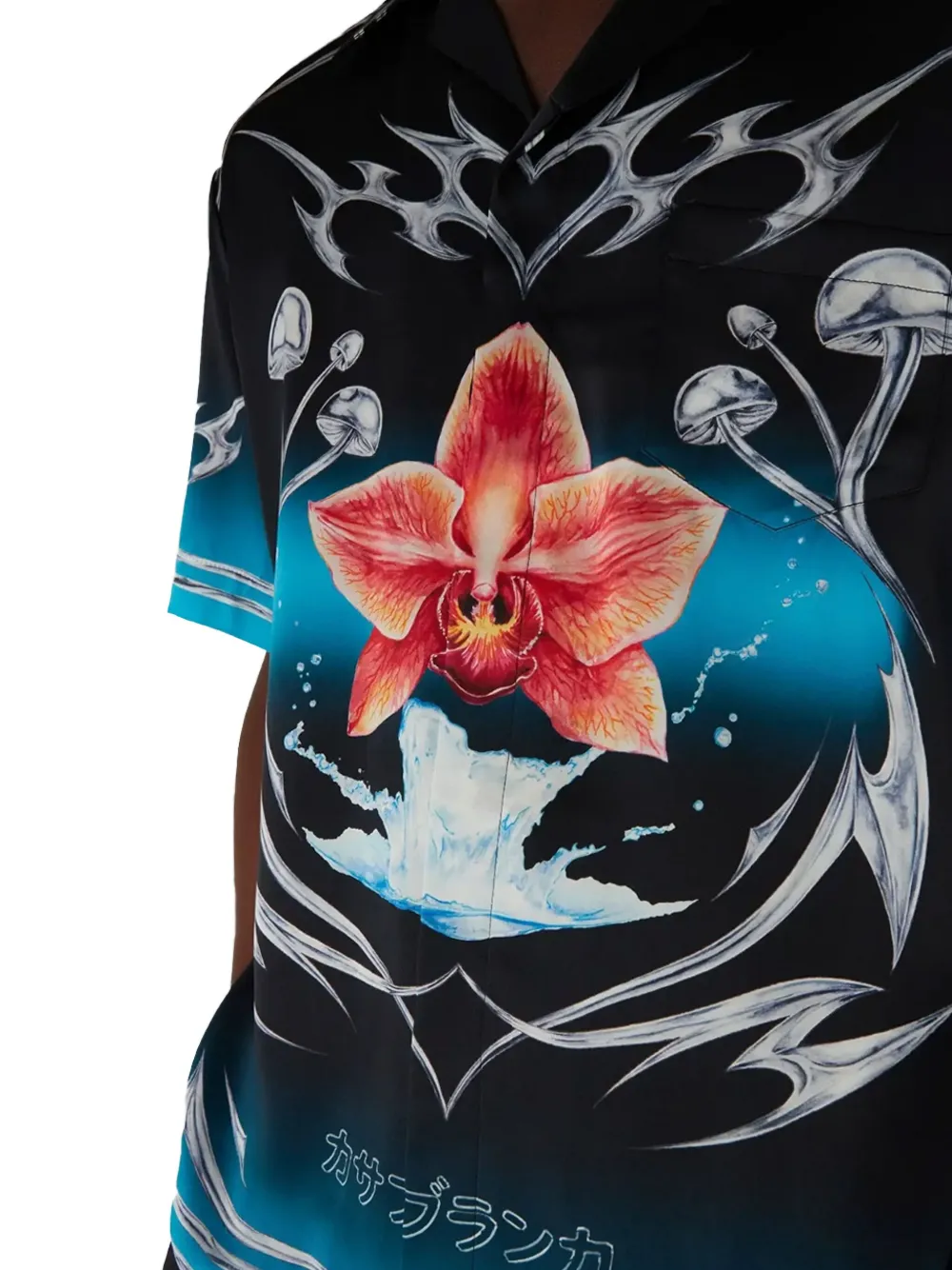 Casablanca Blades Orchid-print Cuban-collar Shirt In Black