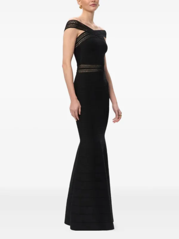 herve leger off shoulder dress Herve Leger Off-The-Shoulder Long-Sleeve Bandage Midi Dress