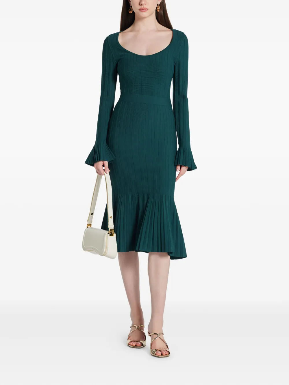 Herve Leger Alena bell-sleeve plissé midi dress - Groen