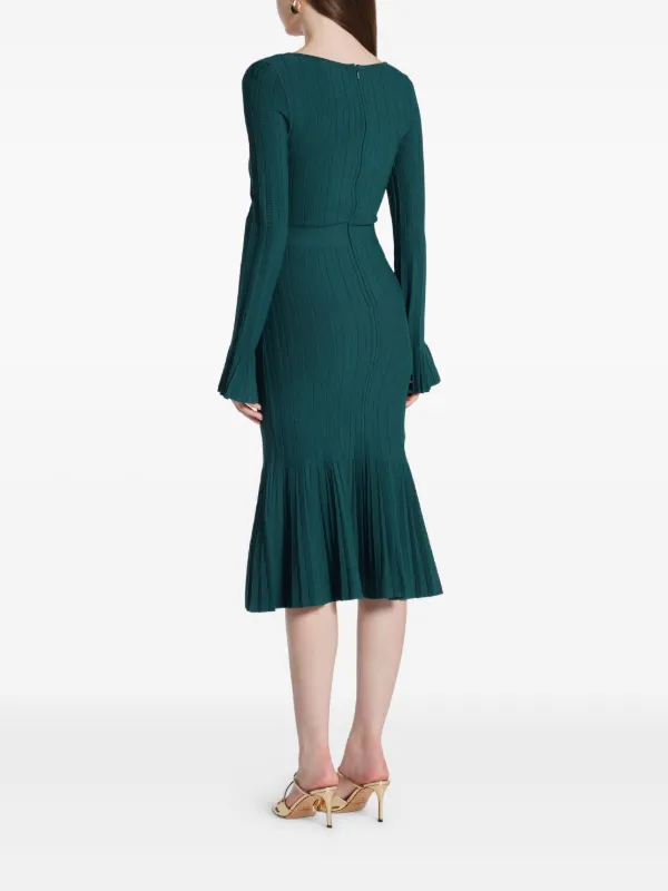 green plisse midi dress Hervé Léger Alena bell-sleeve Plissé | wedding guest olive green dress