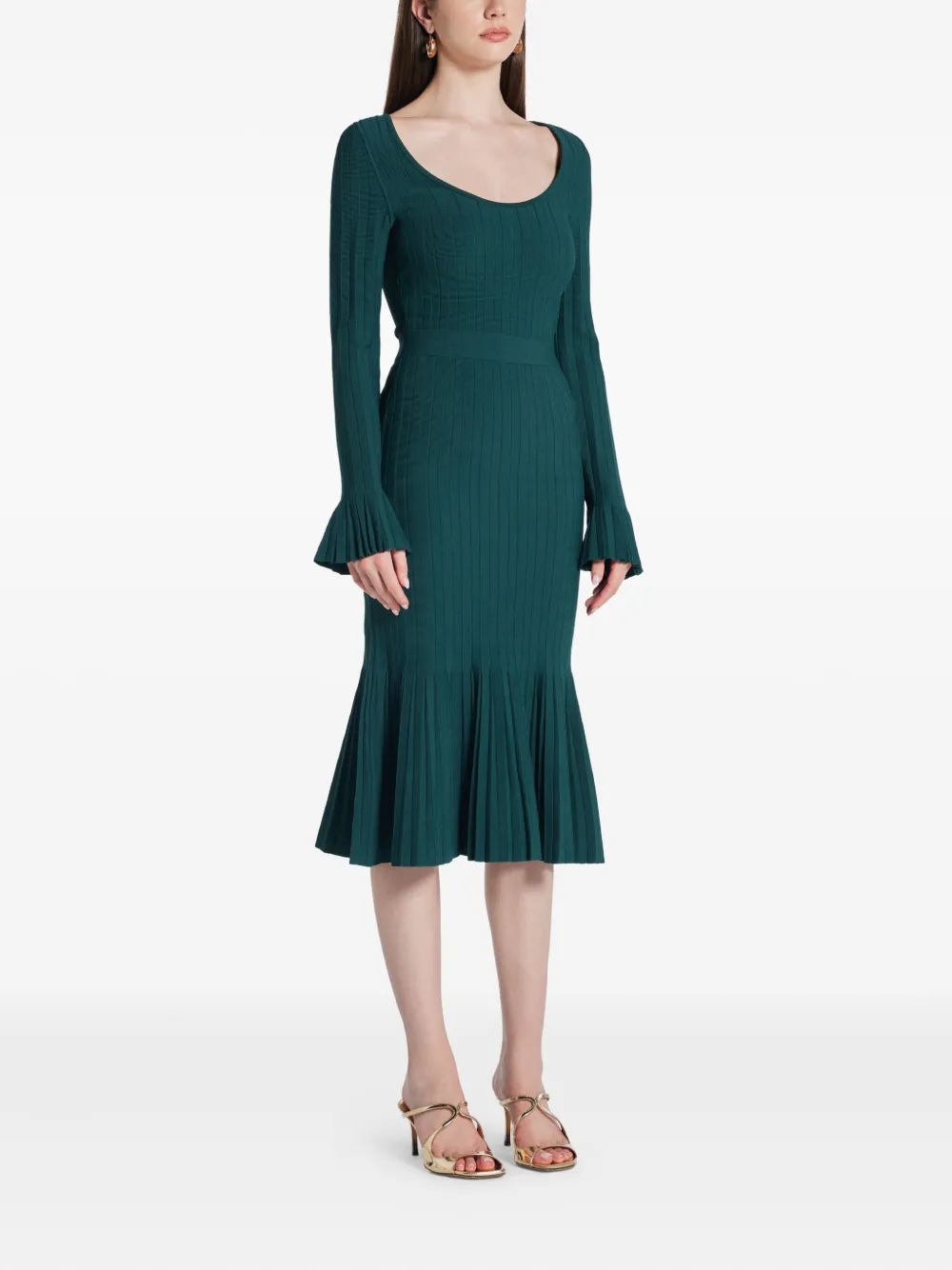 Herve Leger Alena plissé midi-jurk met klokmouwen Groen