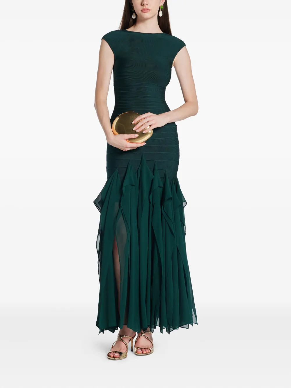 Herve Leger Mya avondjurk met ruches Groen