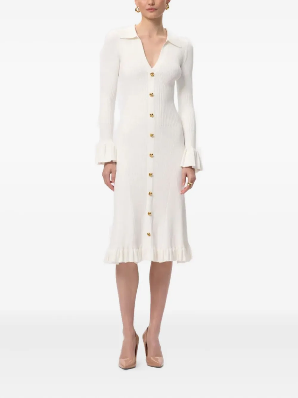 Herve Leger Hallie button-up ruffled midi dress - Wit