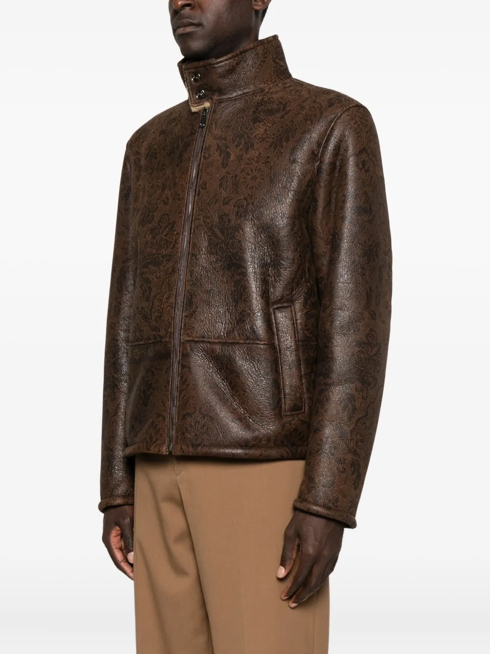 ETRO Leren bomberjack met bloemenpatroon Bruin