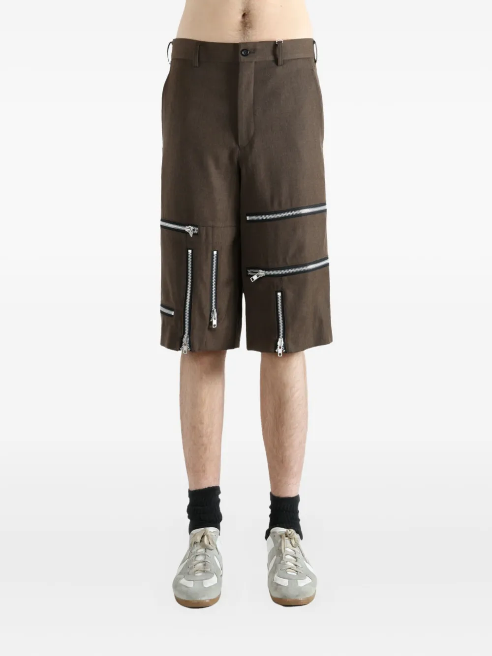 Comme Des Garçons Homme Deux Zip-detail Wool Shorts In Brown