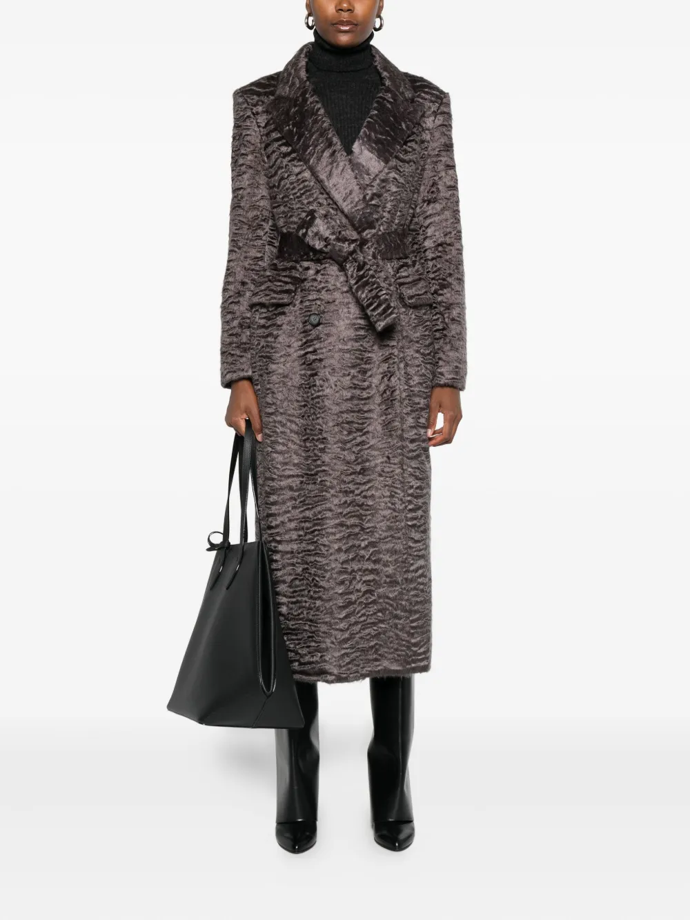Valentini 1972 Textured Ecofur Long Coat With Self-tie Belt In Gray