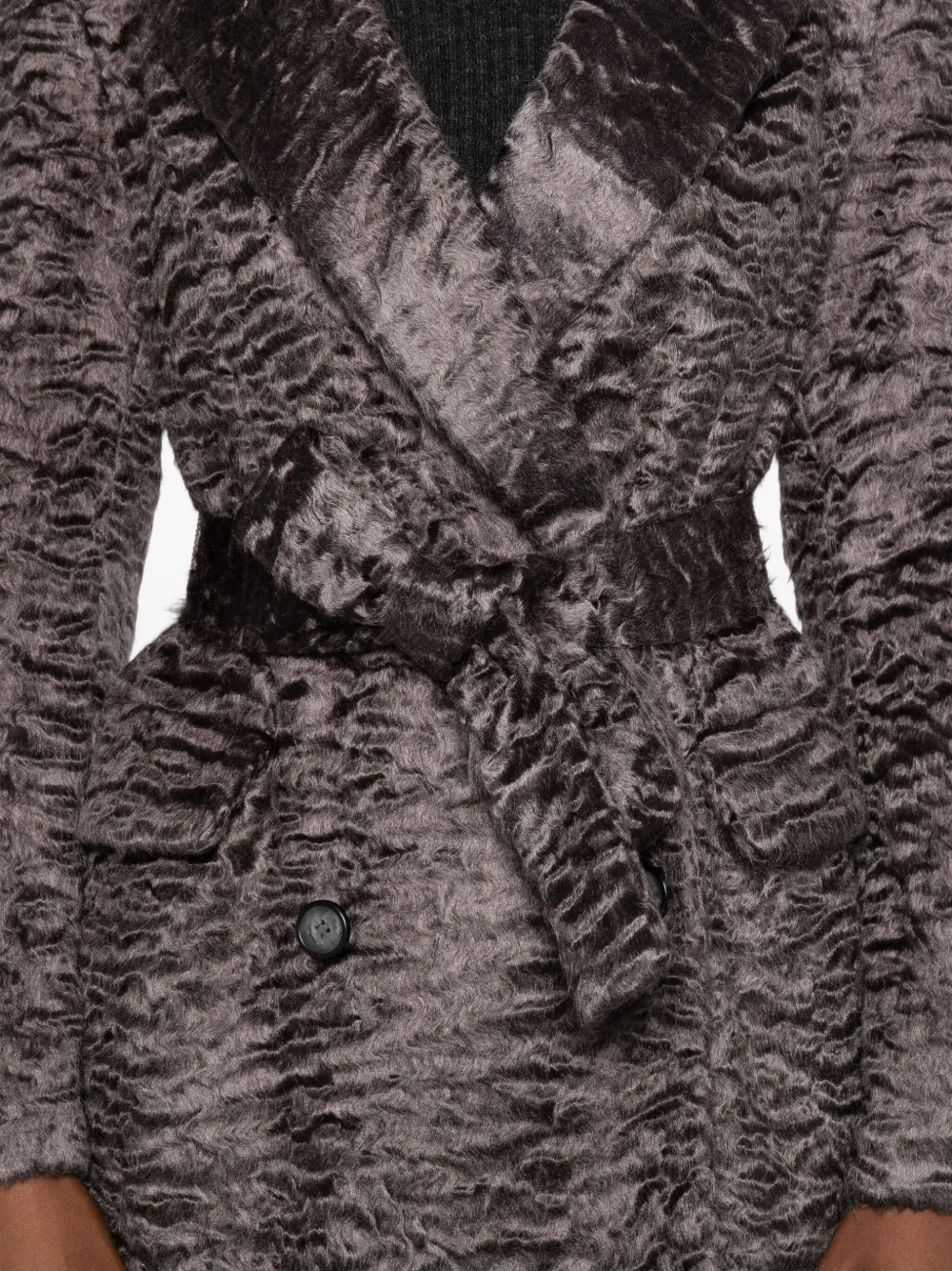 Valentini 1972 Textured Ecofur Long Coat With Self-tie Belt In Gray