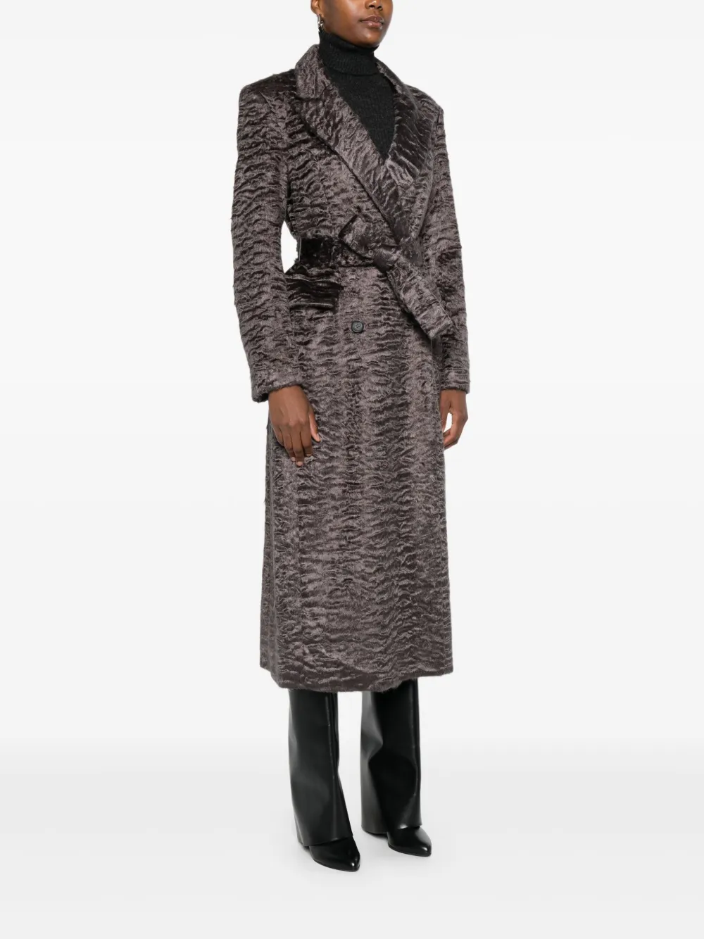 Valentini 1972 Textured Ecofur Long Coat With Self-tie Belt In Gray