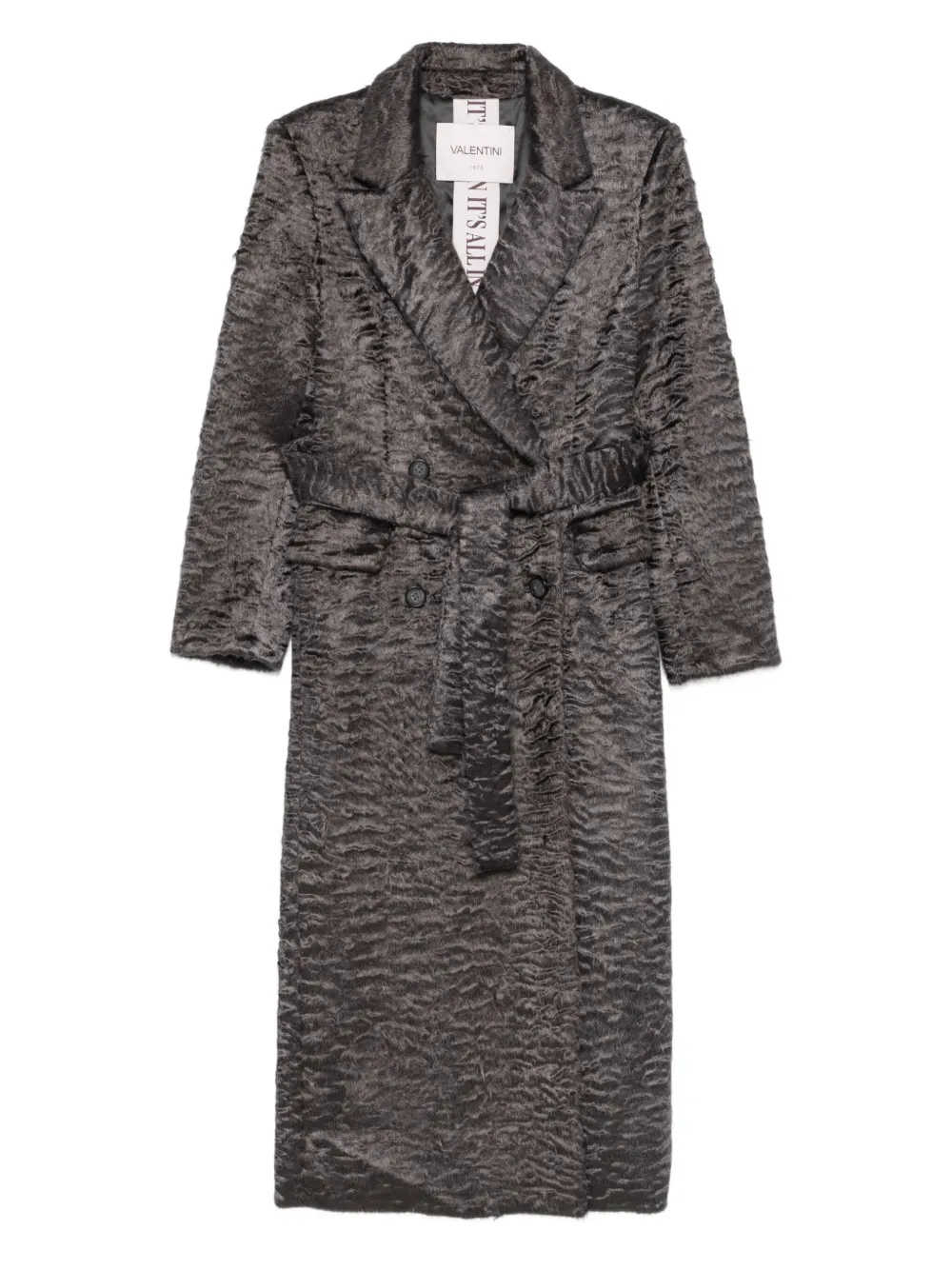 Valentini 1972 Textured Ecofur Long Coat With Self-tie Belt In Gray