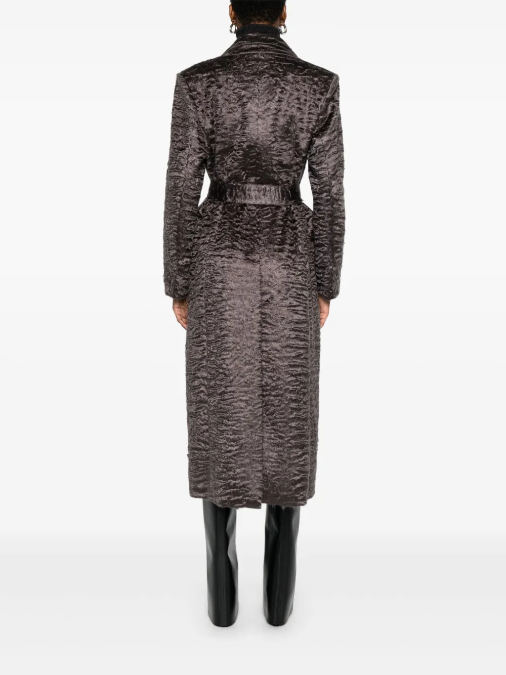 Valentini 1972 Textured Ecofur Long Coat With Self-tie Belt In Gray