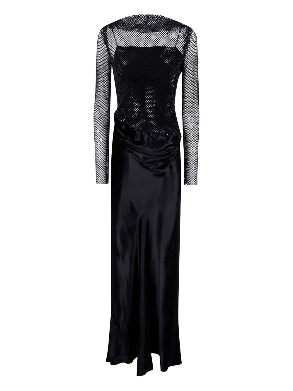 Alberta Ferretti Long Sleeve Maxi Dress With Mesh Overlay In Black