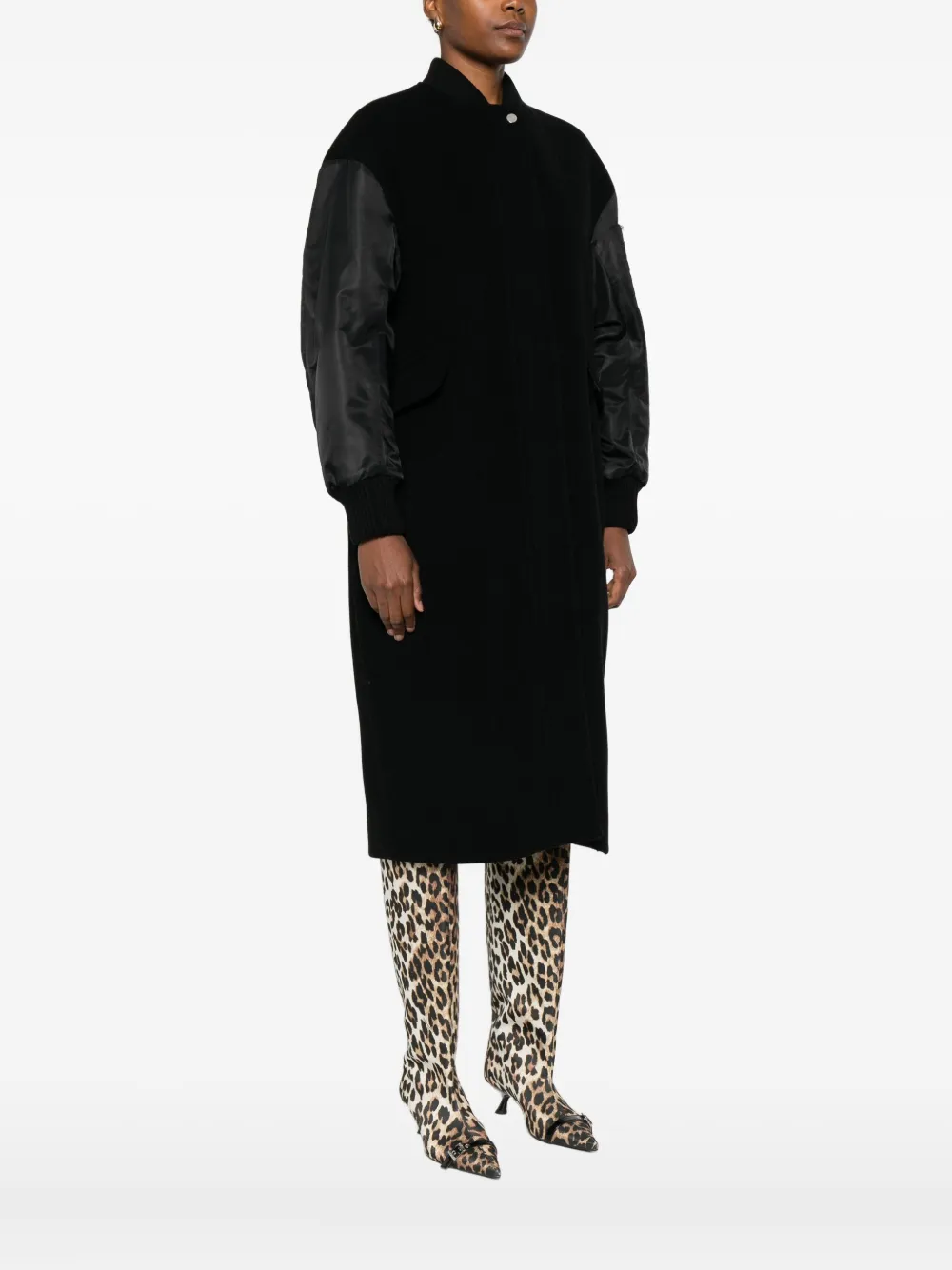 Pinko Long Coat In Wool-blend Cloth And Technical Satin In Black