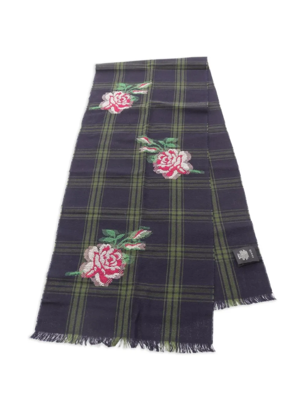 Pre-owned Gucci 2000s Check Floral-pattern Wool Scarf In Blue